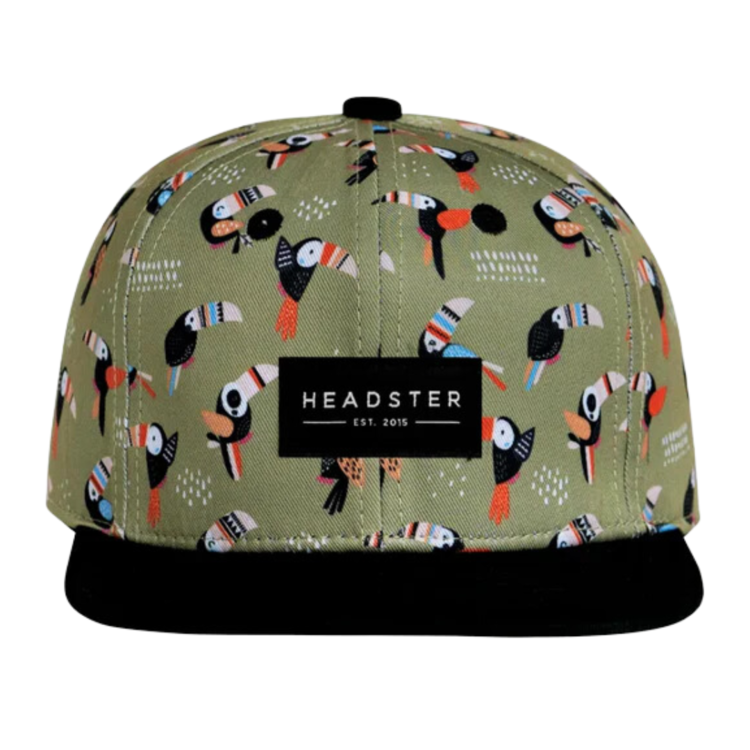 Headster Sam wishes he was that rad.  These birds with their oversized beaks remind us of the tropics, but with a rustic and clean touch.  Easily adjust the hat with a snapback closure that will grow with your child. Made with UPF50 fabric, it will keep your kid's