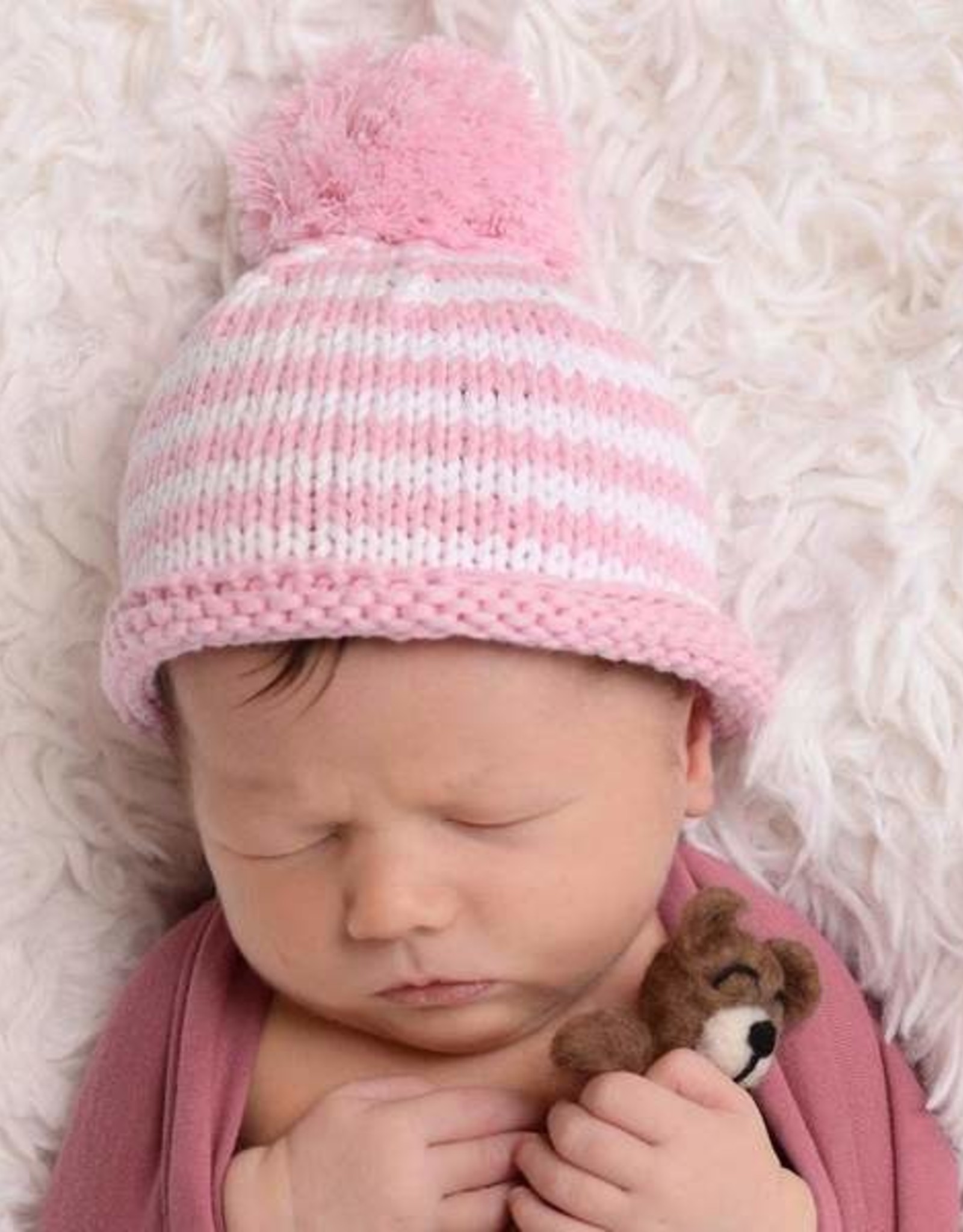 Huggalugs Pom Pom Beanie Pink Stripe Newborn