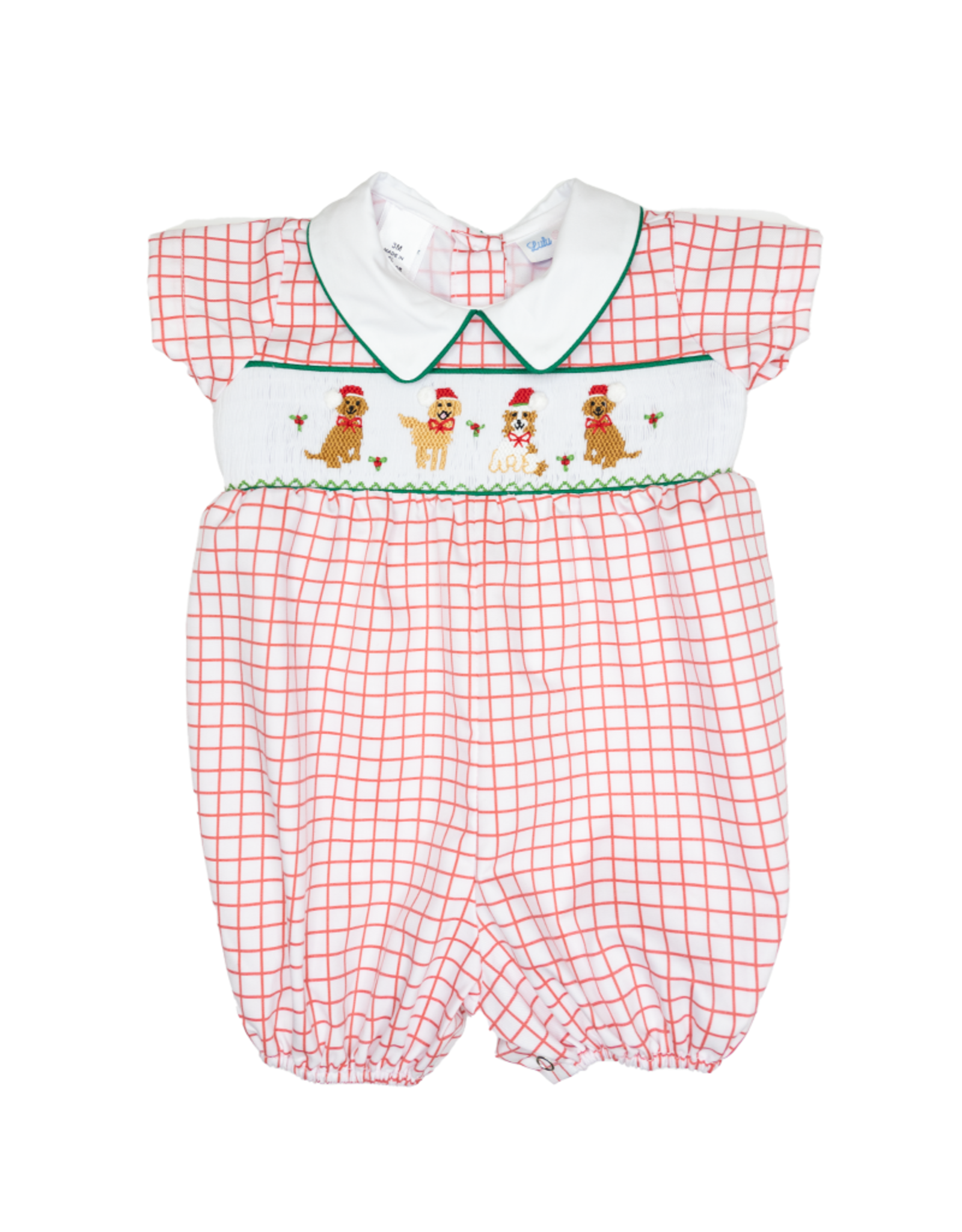 Lulu Bebe LBF23 Red Check Puppy Smocked Bubble