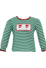 Anavini 325Q Girl Green Stripe Smocked Santa Shirt