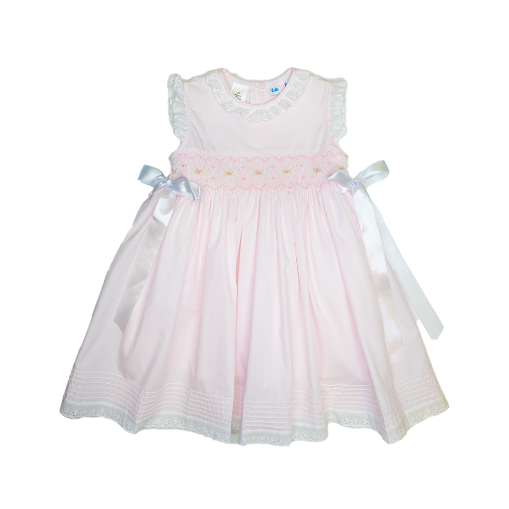 LuLu BeBe Girls Pink Roses Floral Smocked Bishop Dress