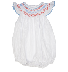 Petit Ami White Red Blue Smocked Bubble