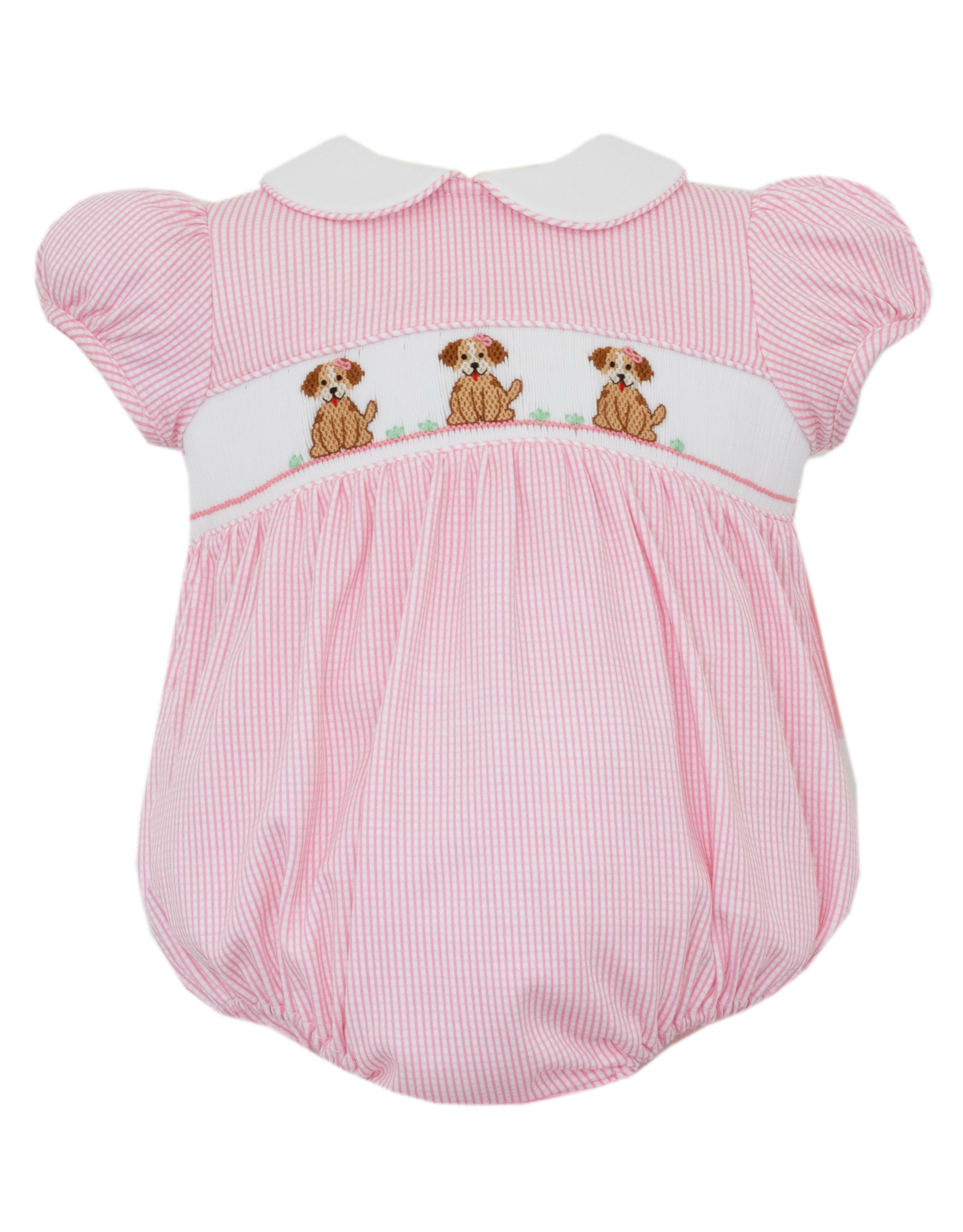 Petit Bebe 433F Puppies Pink Check Knit Smocked Bubble