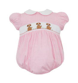 Petit Bebe Puppies Pink Check Knit Smocked Bubble