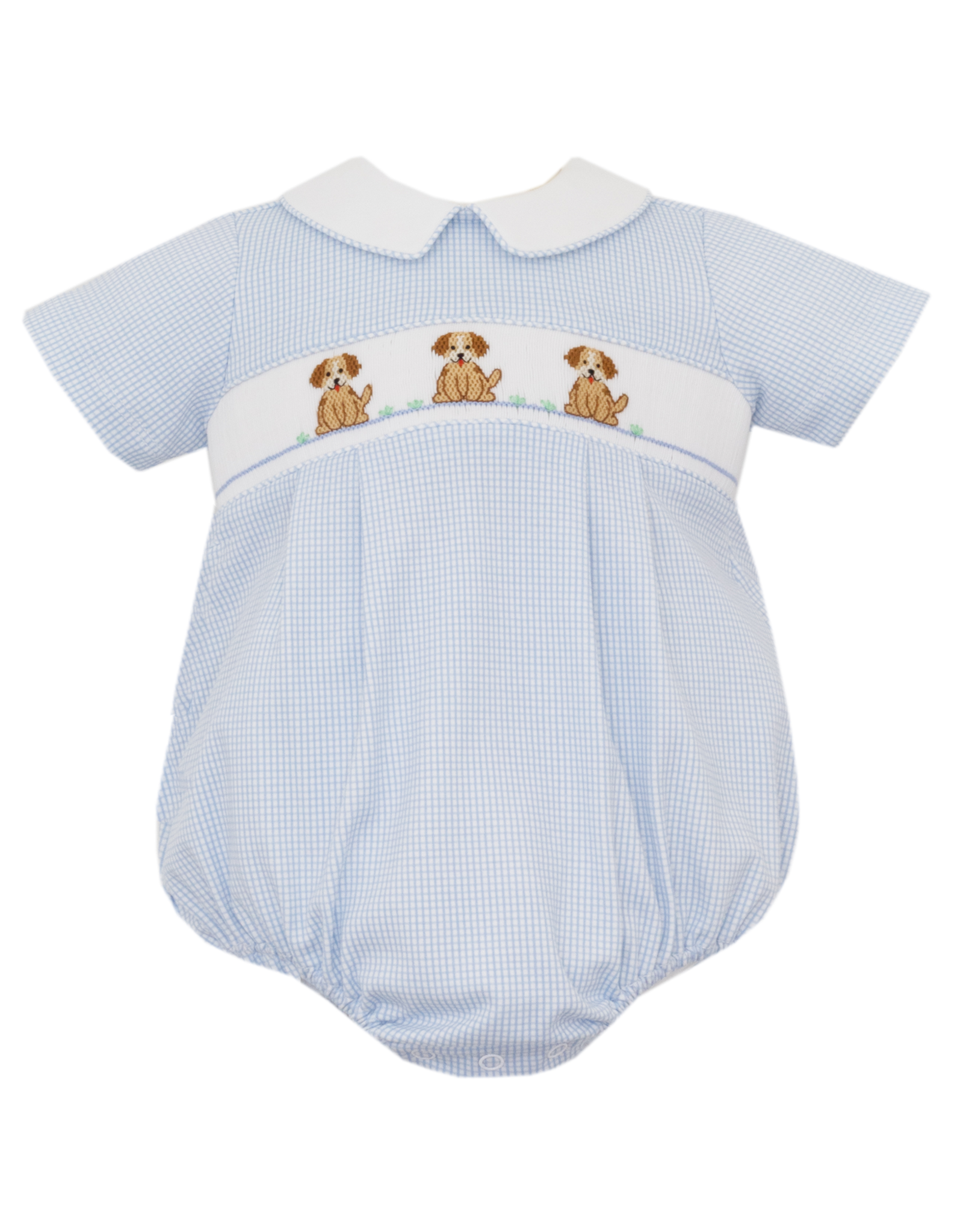 Petit Bebe 433BB Puppies Blue Check Knit Smocked Bubble
