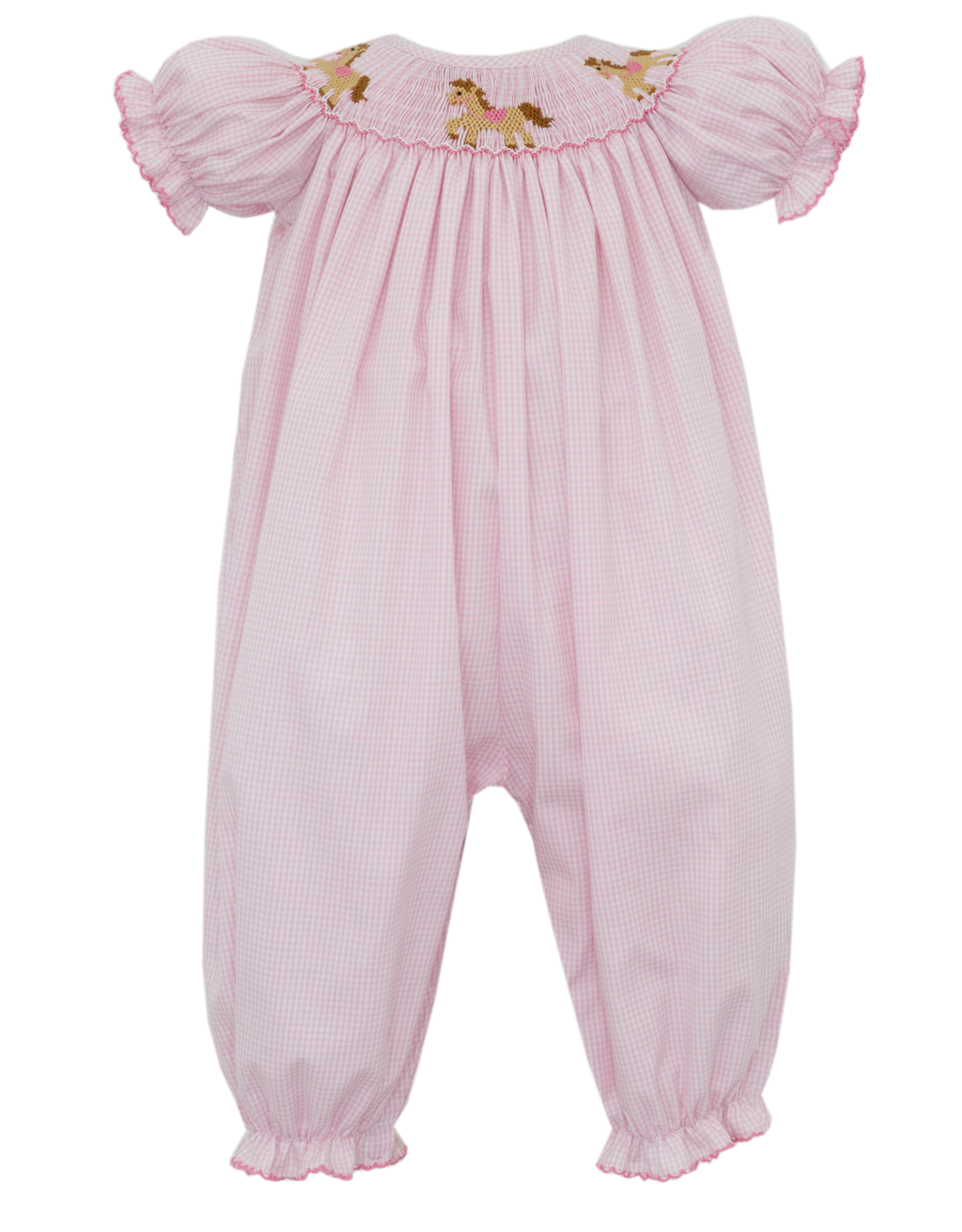 Petit Bebe 119F Horses Pink Smocked Long Bubble