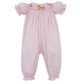Petit Bebe Horses Pink Smocked Long Bubble