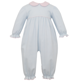 Petit Bebe Girls Blue Gingham Knit Long Bubble