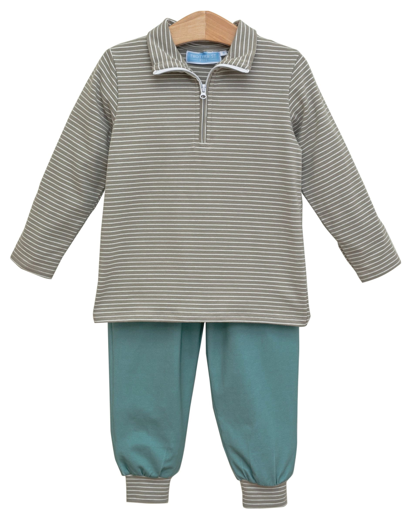 Trotter Street Kids TSF25 Tucker Pullover Set Beige Stripe/Sage