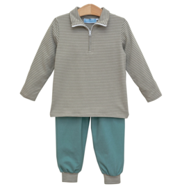 Trotter Street Kids Tucker Pullover Set Beige Stripe/Sage