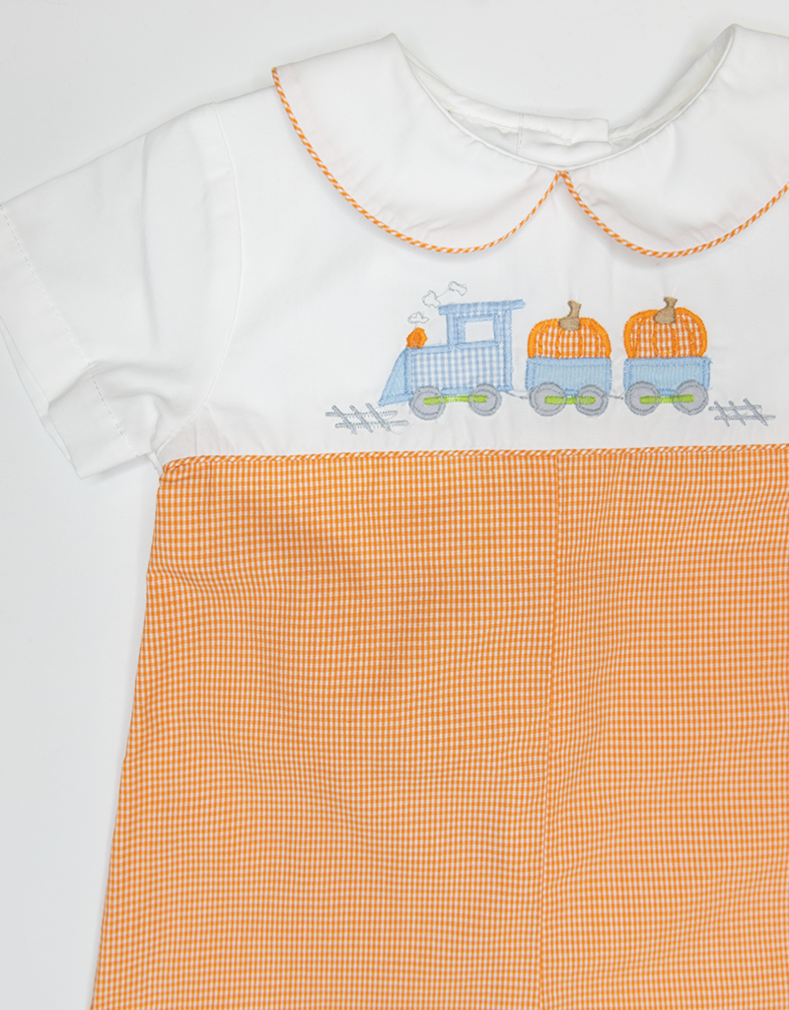Petit Ami 2-3825 Orange Gingham Pumpkin Train Romper