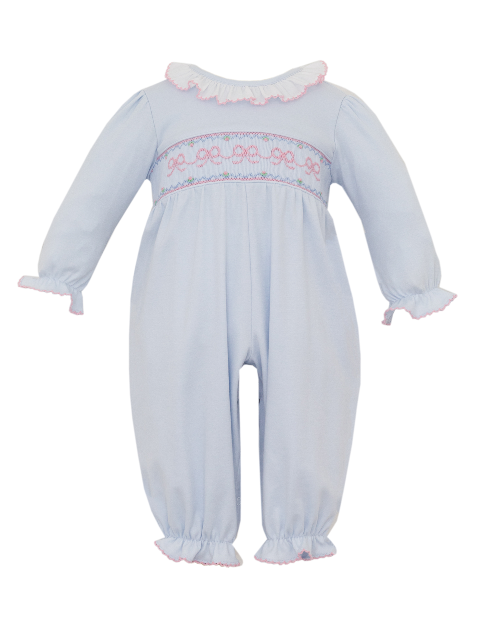Petit Bebe 430G2 Blue Knit Smocked Bows Long Bubble
