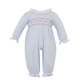 Petit Bebe Blue Knit Smocked Bows Long Bubble
