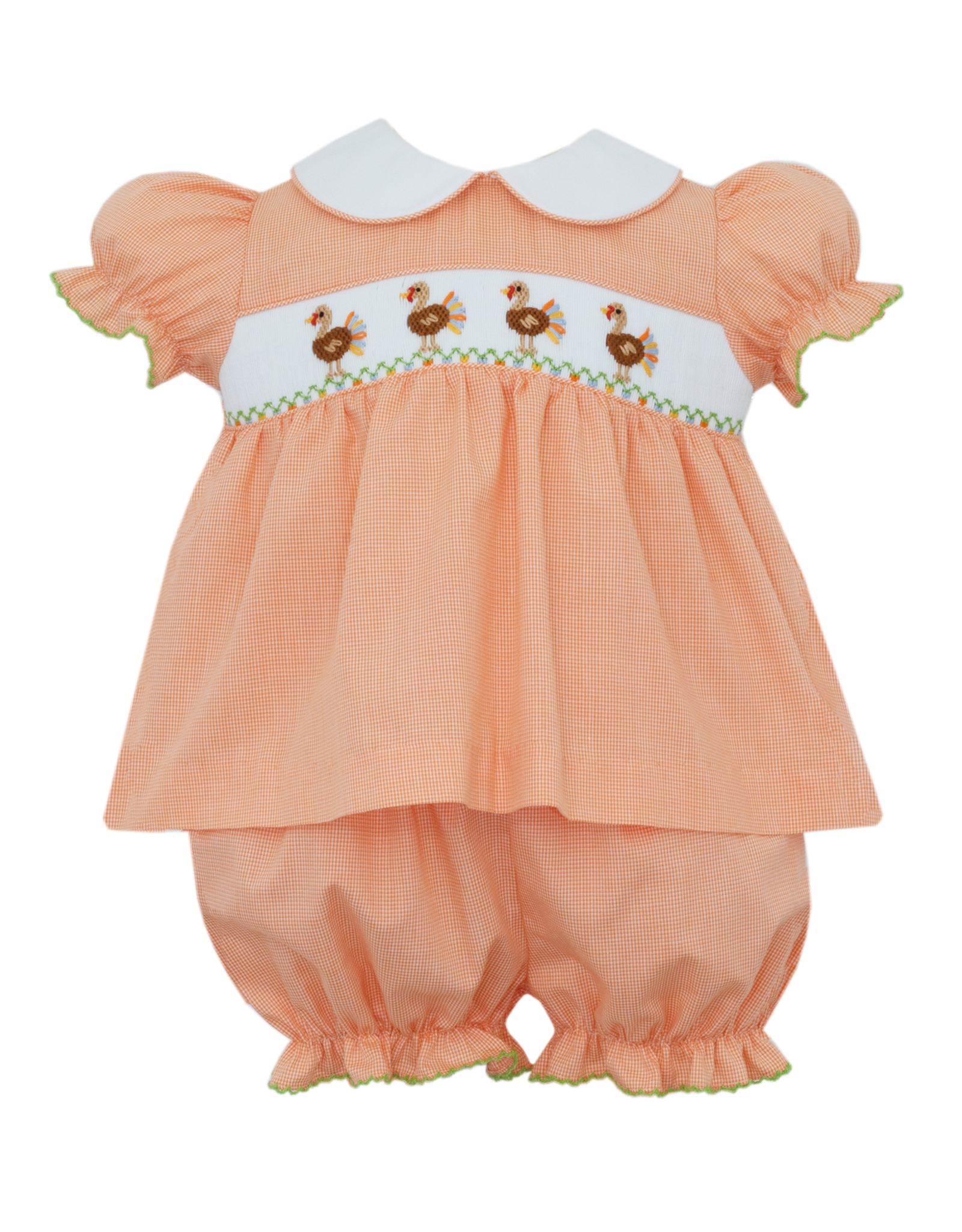 Petit Bebe 124C Orange Turkey Smocked Bloomer Set