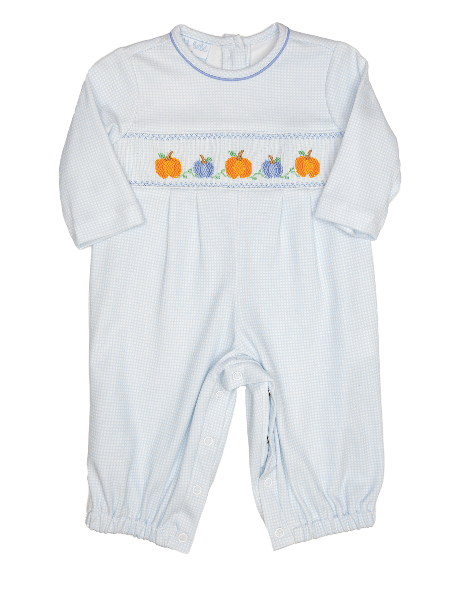 Petit Bebe 432I2 Blue Knit Pumpkin Smocked Long Bubble