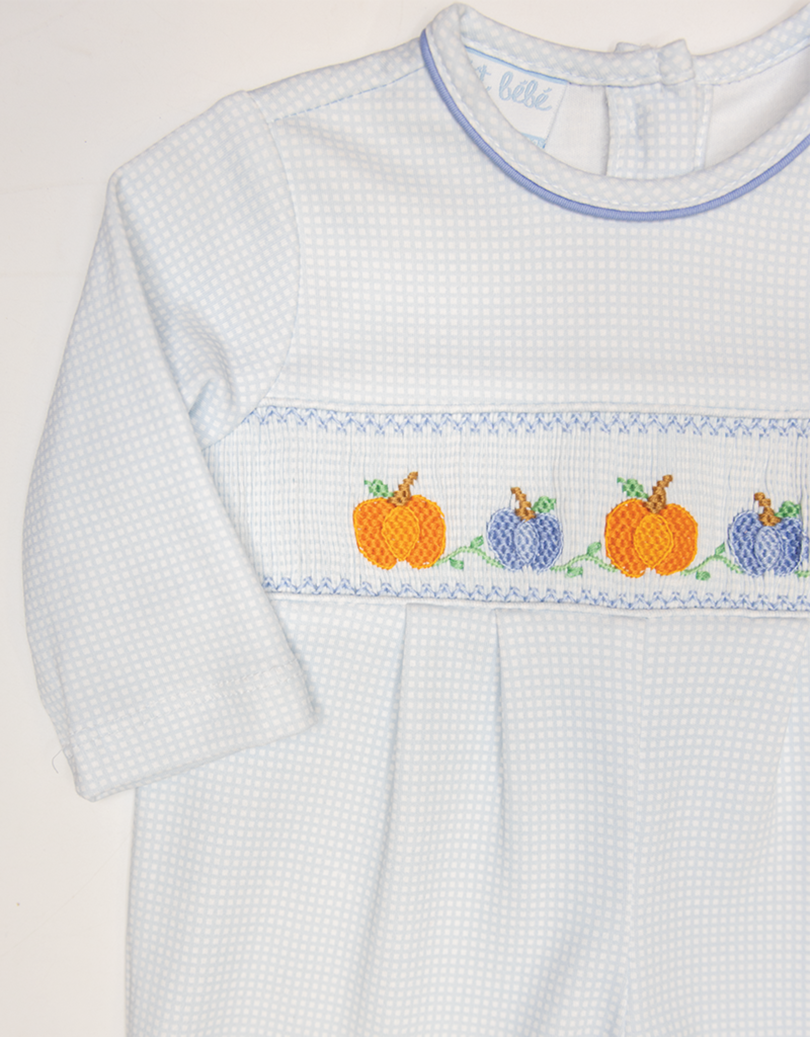 Petit Bebe 432I2 Blue Knit Pumpkin Smocked Long Bubble