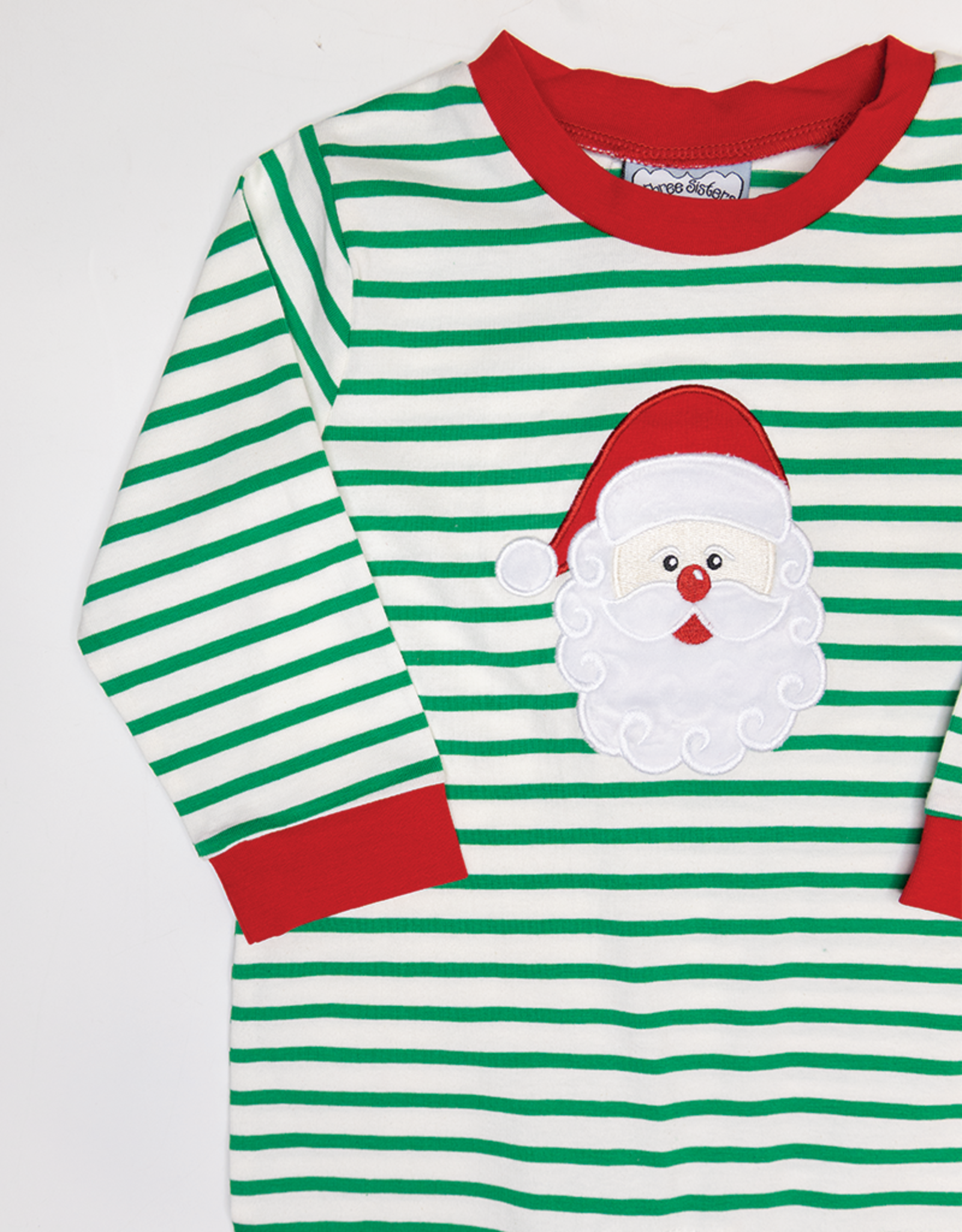 Three Sisters 760 Green Stripe Santa Applique Romper
