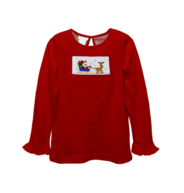 Vive la Fete Red Santa Sleigh Ruffle Smocked Shirt