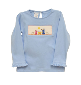 Vive la Fete Light Blue Nativity Ruffle Smocked Shirt