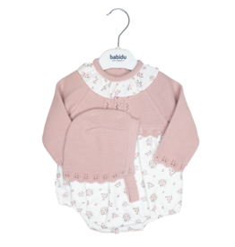 Babidu Pink Knitted Romper/Bonnet Set