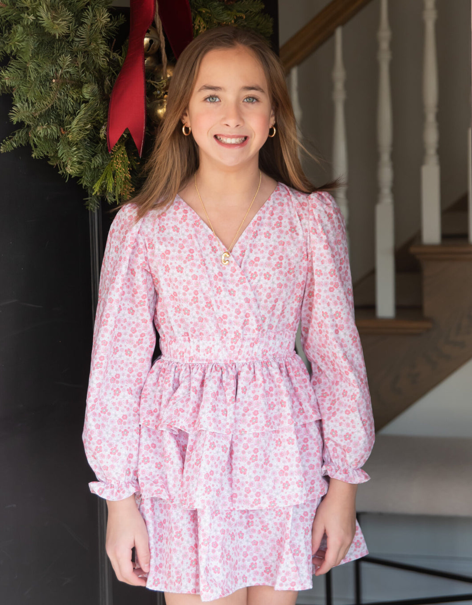Be Elizabeth BE25 LS Tiered Dress Pink Floral