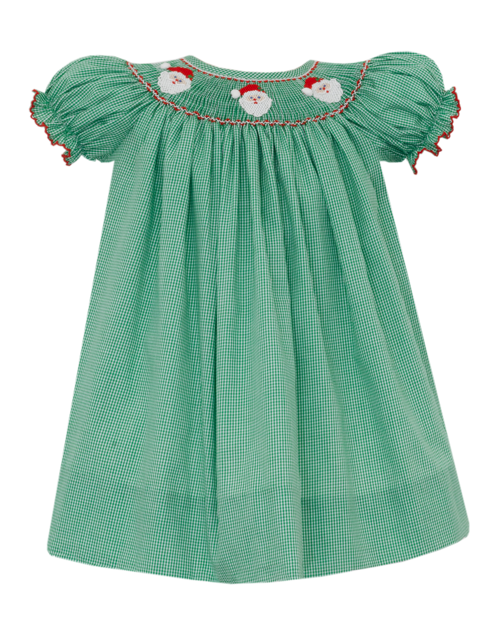 Petit Bebe 141A Green Santa Face Smocked Bishop Dress