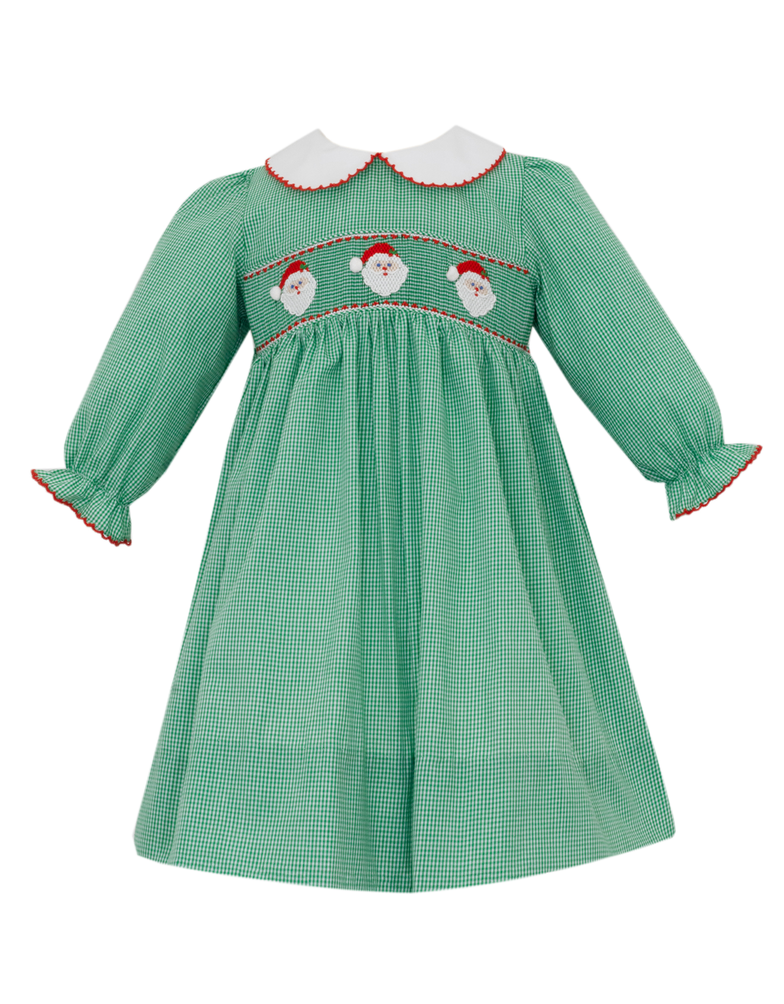 Petit Bebe 141DL Green Santa Face Smocked Sash Dress