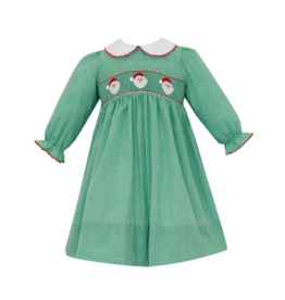 Petit Bebe Green Santa Face Smocked Sash Dress