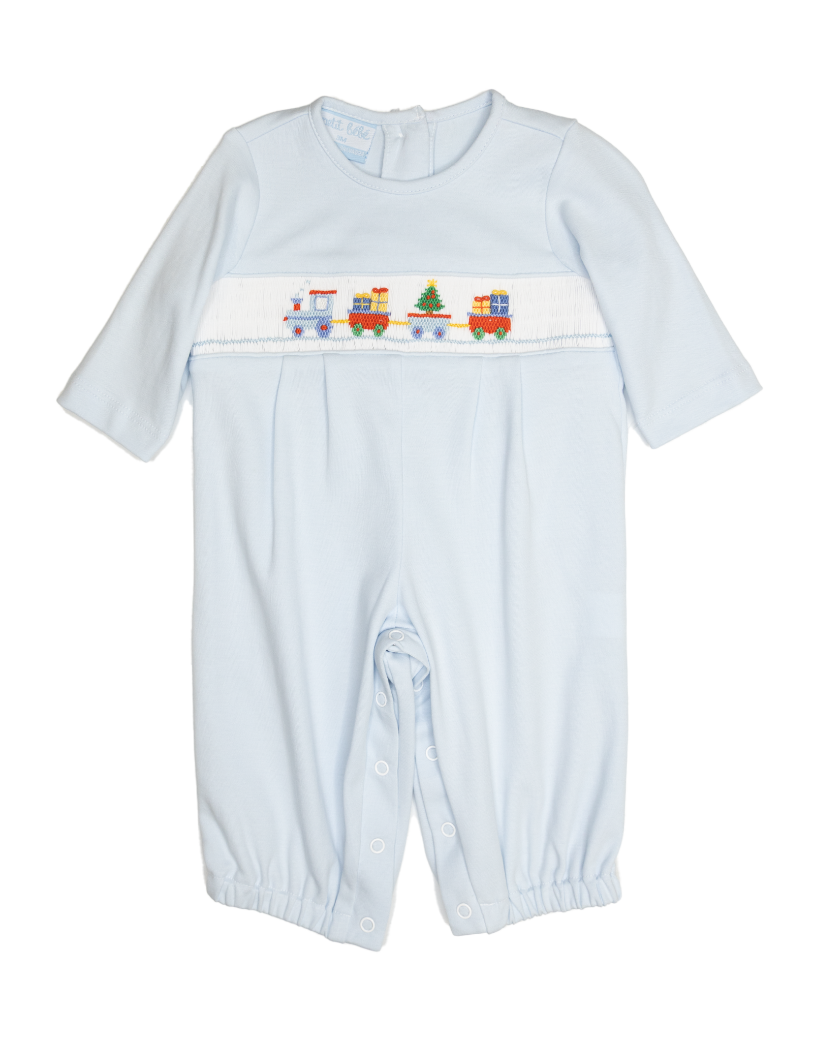 Petit Bebe 450I2 Xmas Train Blue Knit Smocked Romper