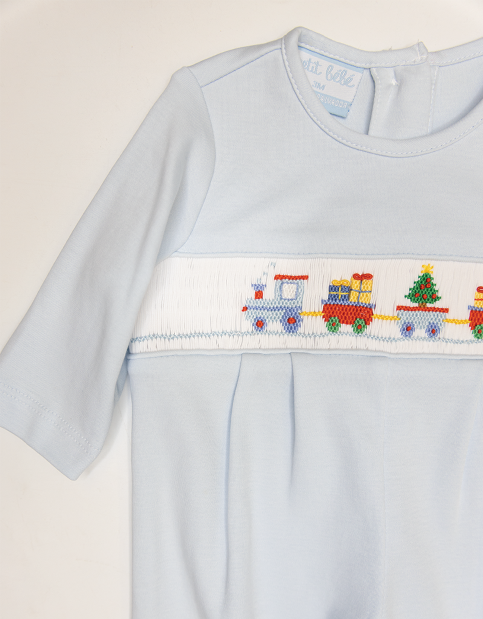 Petit Bebe 450I2 Xmas Train Blue Knit Smocked Romper