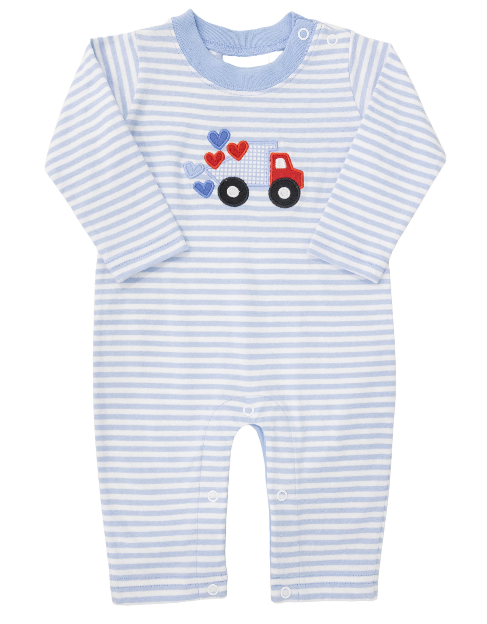 The Smiley Crab S26 Romper Sky Stripe Dump Truck Hearts
