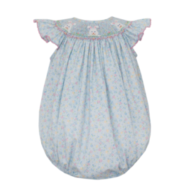 Petit Bebe Bunny Face Blue Floral Smocked Bubble