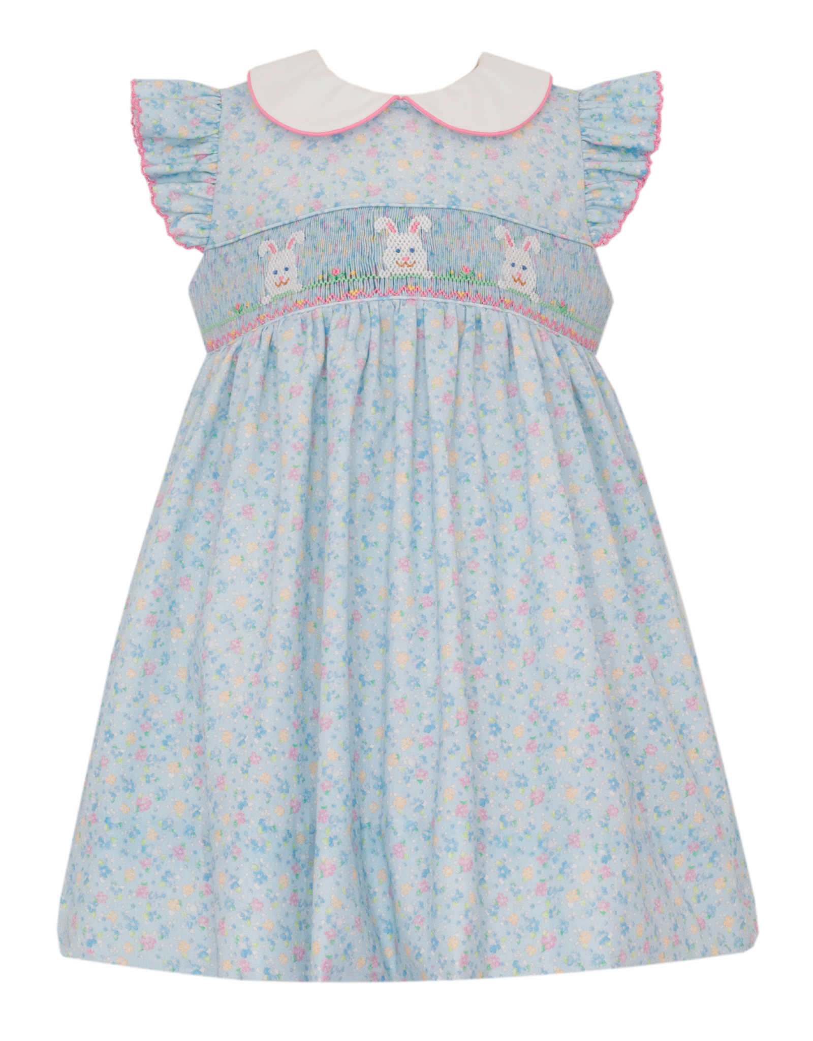 Petit Bebe 117D Bunny Face Blue Floral Collar Dress
