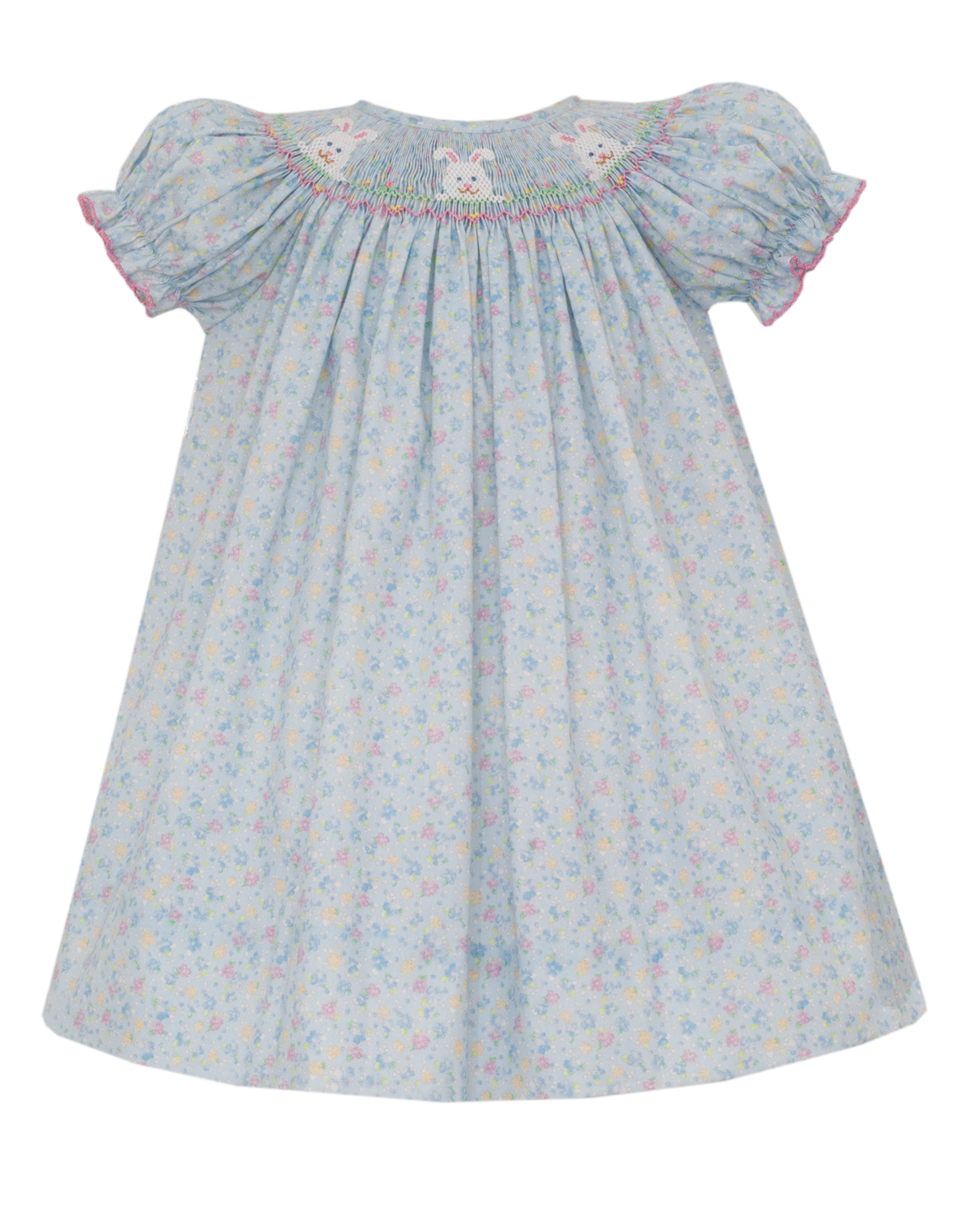 Petit Bebe 117A Bunny Face Blue Floral Bishop Dress