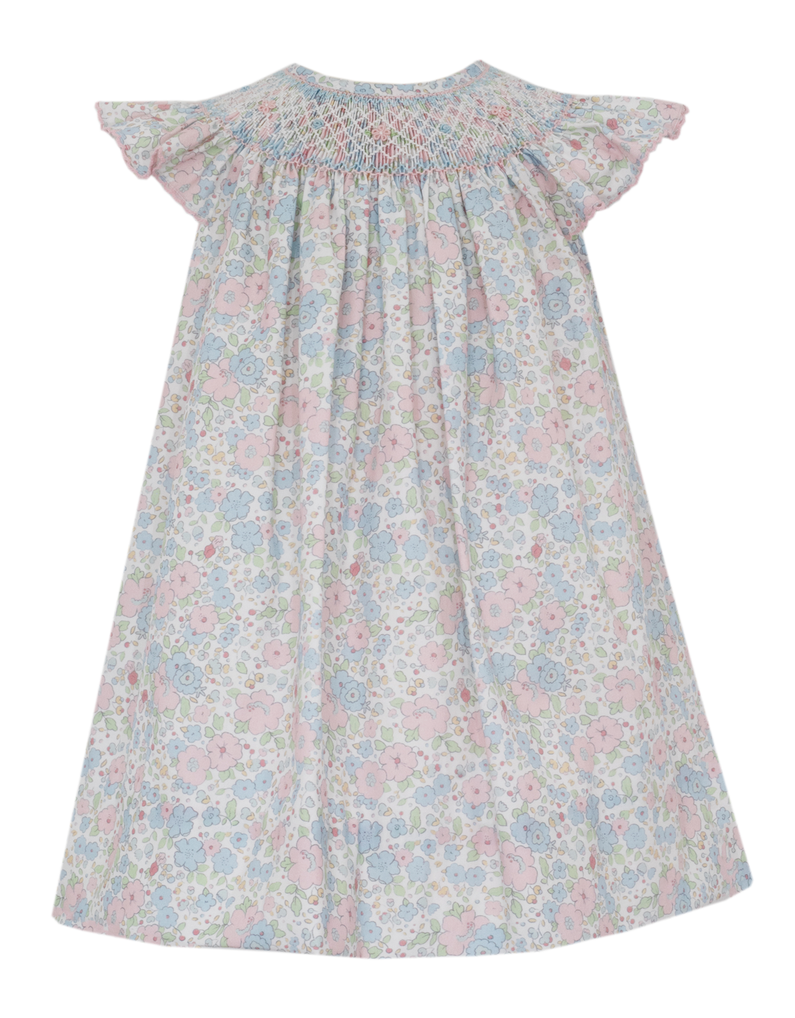 Petit Bebe 101B Caroline Pink/Blue Liberty Print Angel Wing Smocked Bishop Dress