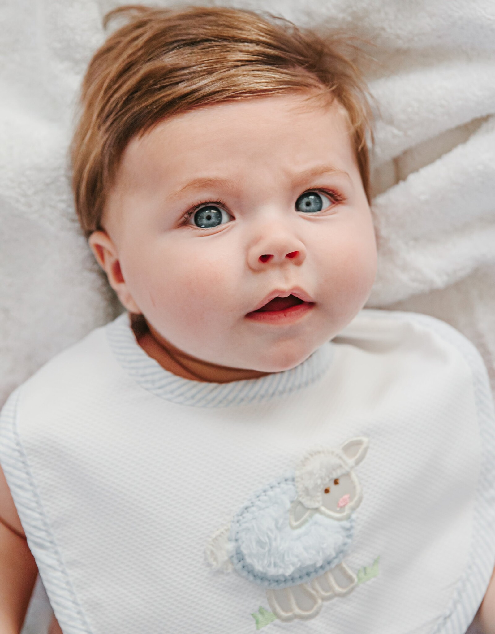 3 Marthas 3M medium appliqued bib blue lamb