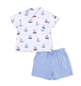 Angel Dear Bubbly Sailboats Blue Polo Short Set