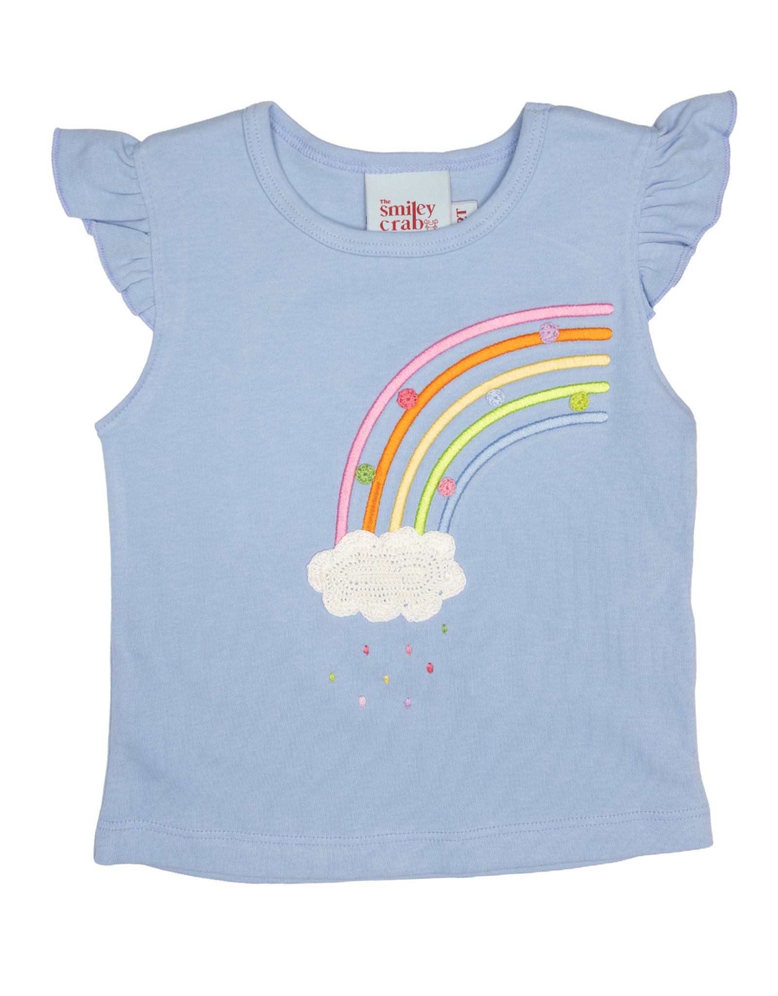 The Smiley Crab S26 Flutter Sleeve Top Blue Rainbow Cloud