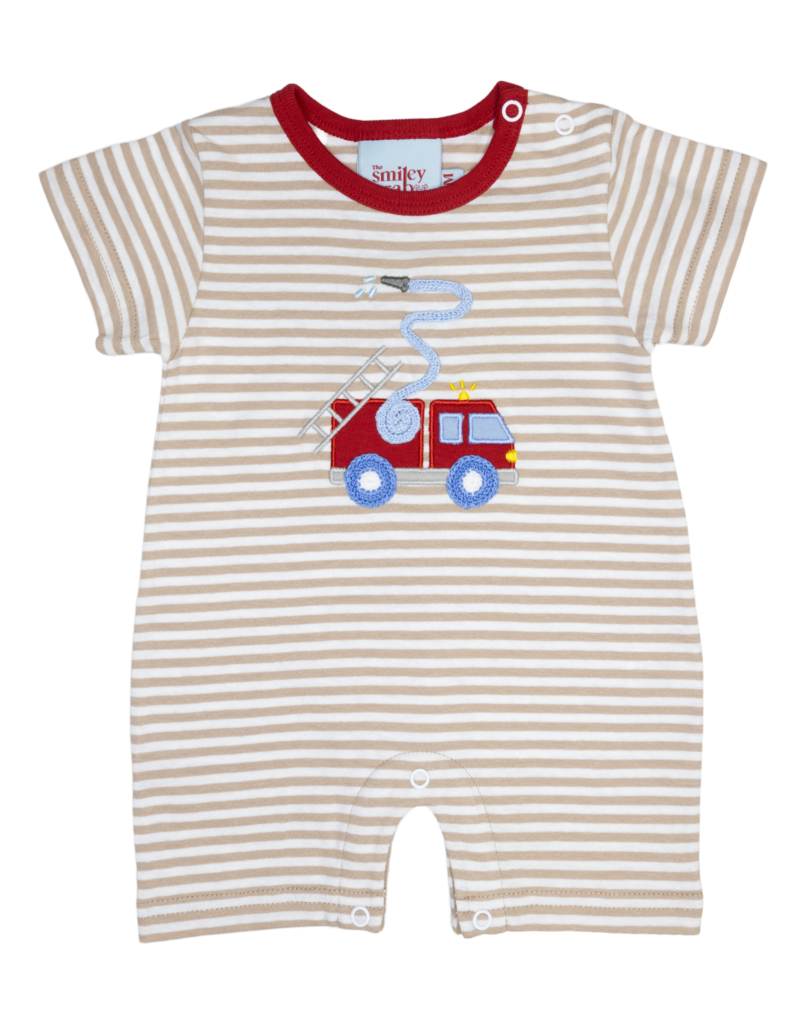 The Smiley Crab S26 Romper Sand Stripe Firetruck