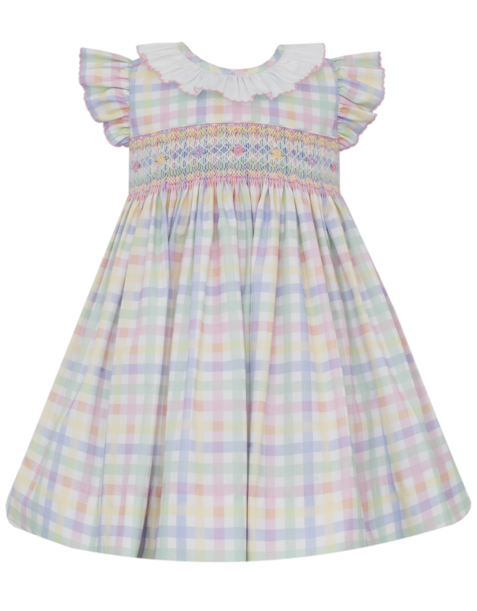 Anavini 350D2 Tiffany Smocked Pastel Plaid Ruffle Collar Dress