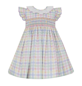 Anavini Tiffany Smocked Pastel Plaid Ruffle Collar Dress