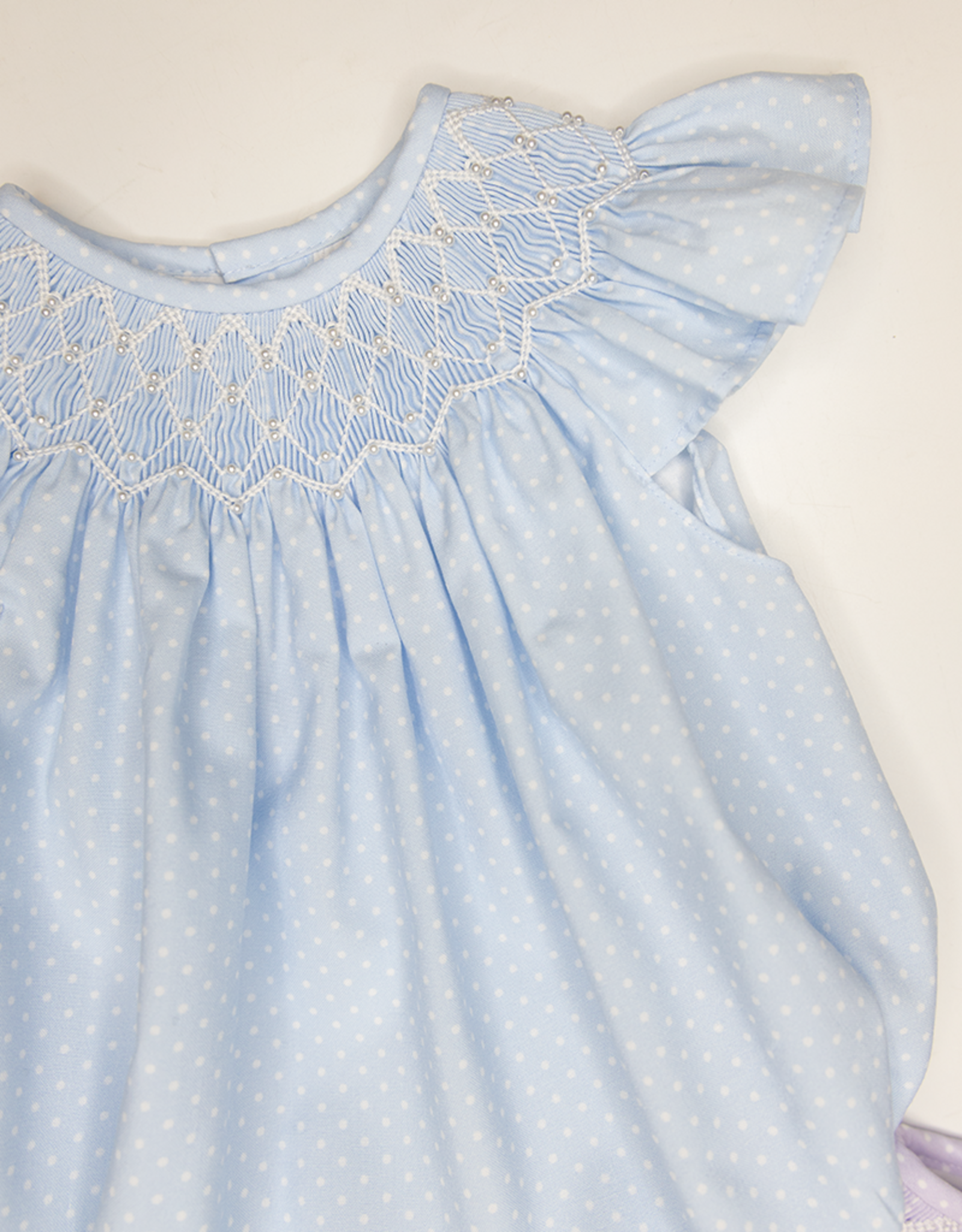 Sweet Dreams Cathy Blue Dot Pearl Smocked Bubble