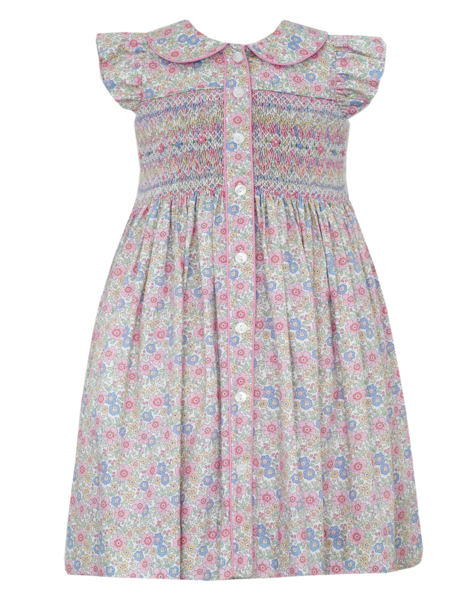 Anavini 357D Giselle Pink/Blue Liberty Floral Smocked Button Front Dress
