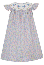 Anavini 305R Birds Blue/Pink Floral Smocked Bishop Dress