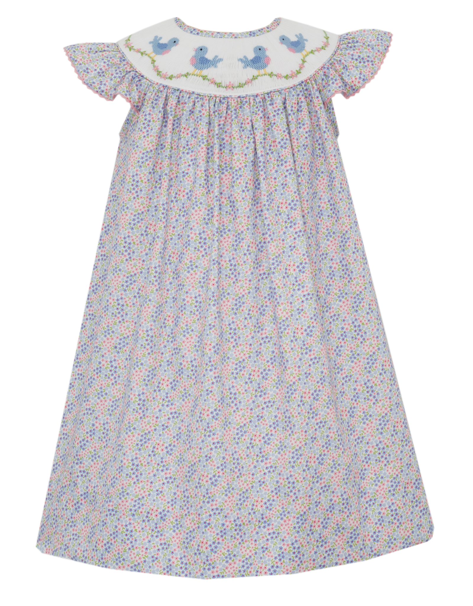 Anavini 305R Birds Blue/Pink Floral Smocked Bishop Dress