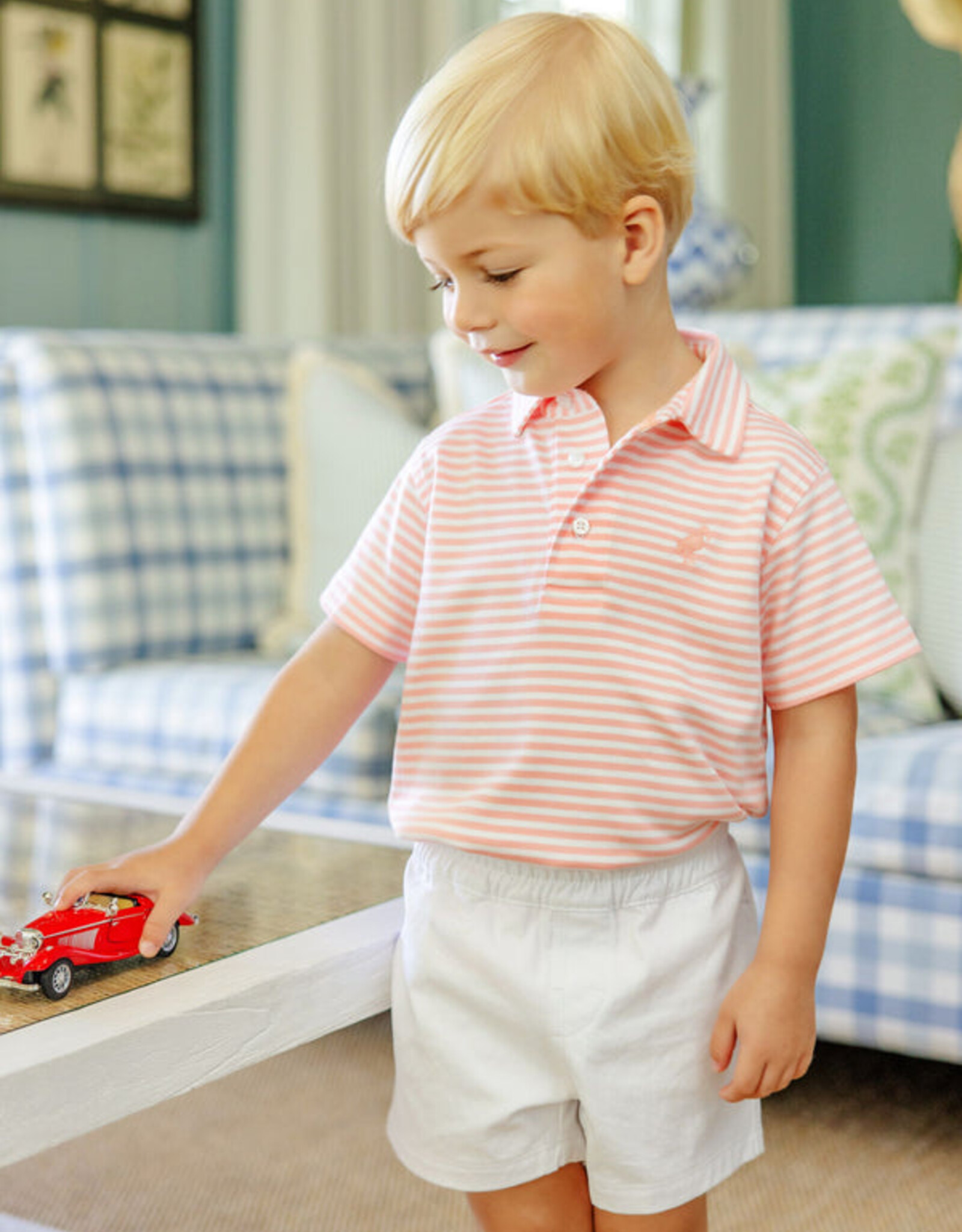 TBBC Prim Proper Polo Sanibel Salmon Stripe
