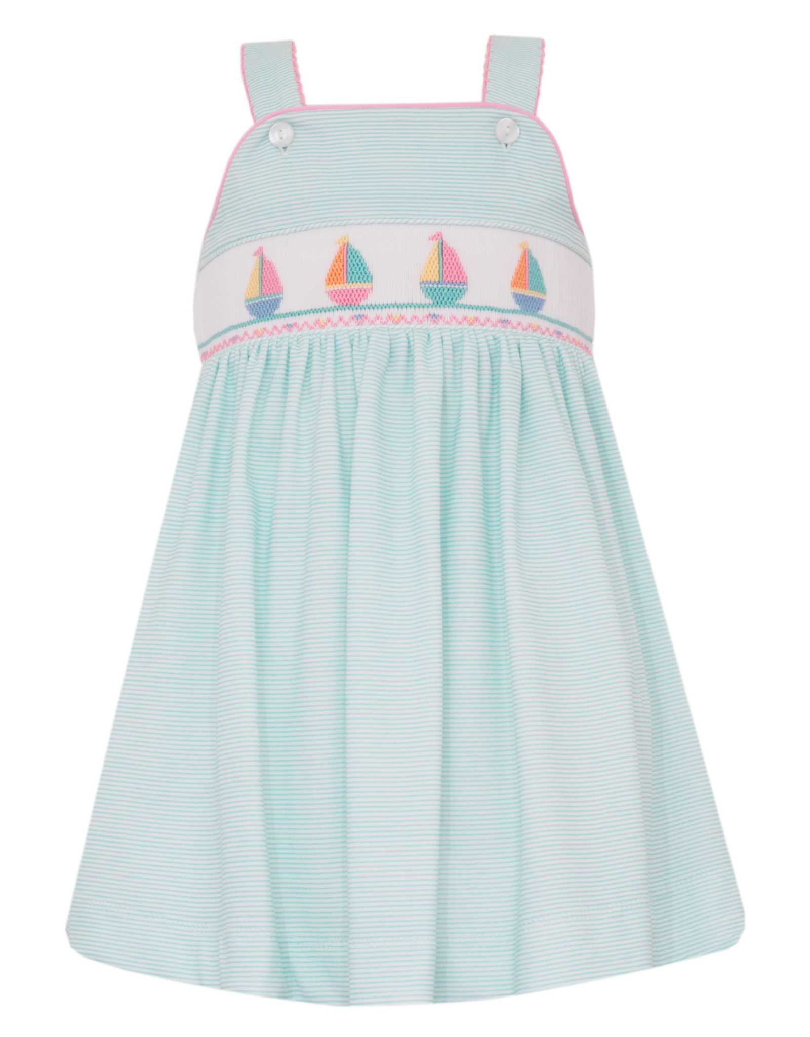 Petit Bebe 435D Sailboat Aqua Knit Stripe Smocked Dress