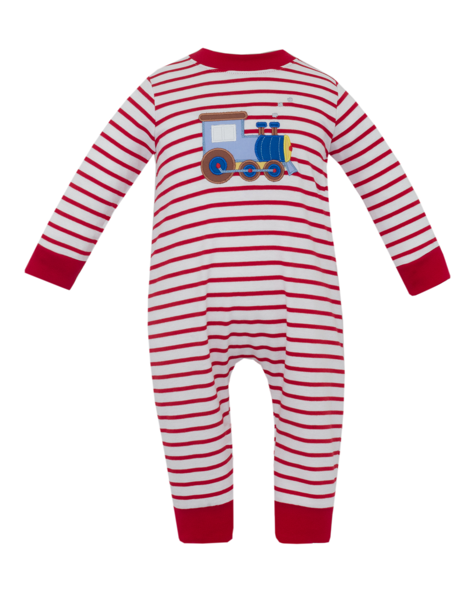 Claire and Charlie 5052H Red Train Applique Romper
