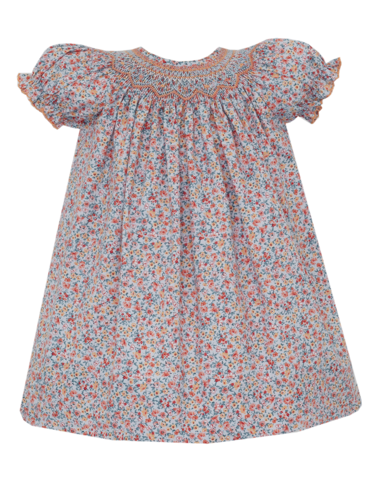 Petit Bebe 105A Alice Blue/Orange Floral Smocked Bishop Dress