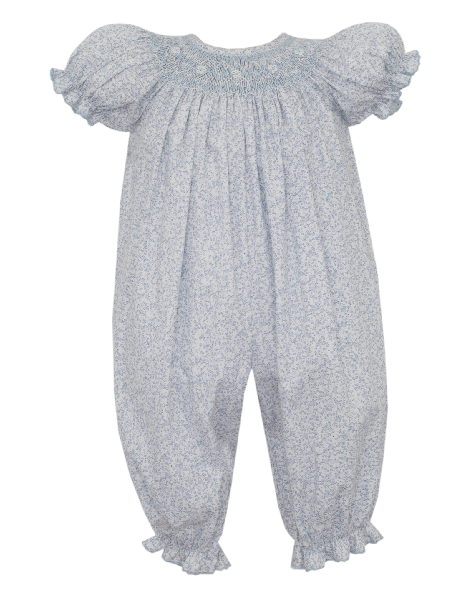 Petit Bebe 103F2 Grace Lt. Blue Liberty Print Smocked Bishop Long Bubble